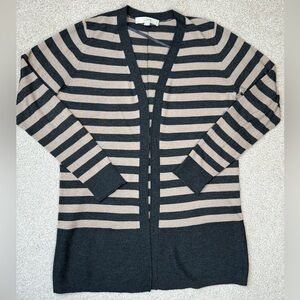 LOFT Open Cardigan Lightweight Long Beige & Black Stripes Medium Preppy Office
